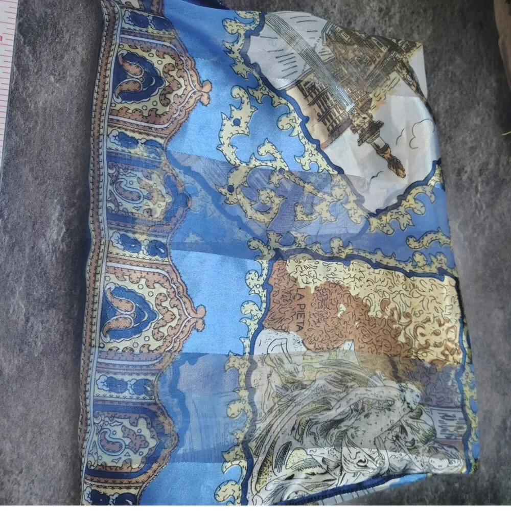 Vintage Blue European Landmark Scarf Baroque Satin Souvenir Scarf Italy Paris